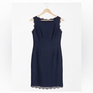 ADRIANNA PAPELL Short Navy Blue Sleeveless Lace Mini Dress with Scalloped Hem